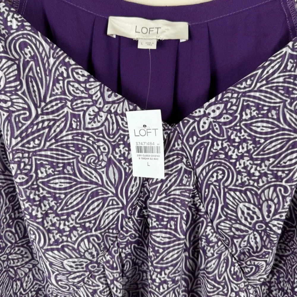 LOFT Women's L Blouse Purple Paisley Floral Puff Sleeve V-Neck Office Formal NEW